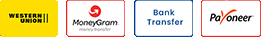 Payment Methods - PayPal, Western Union, MoneyGram, Bank Transfer, Payoneer