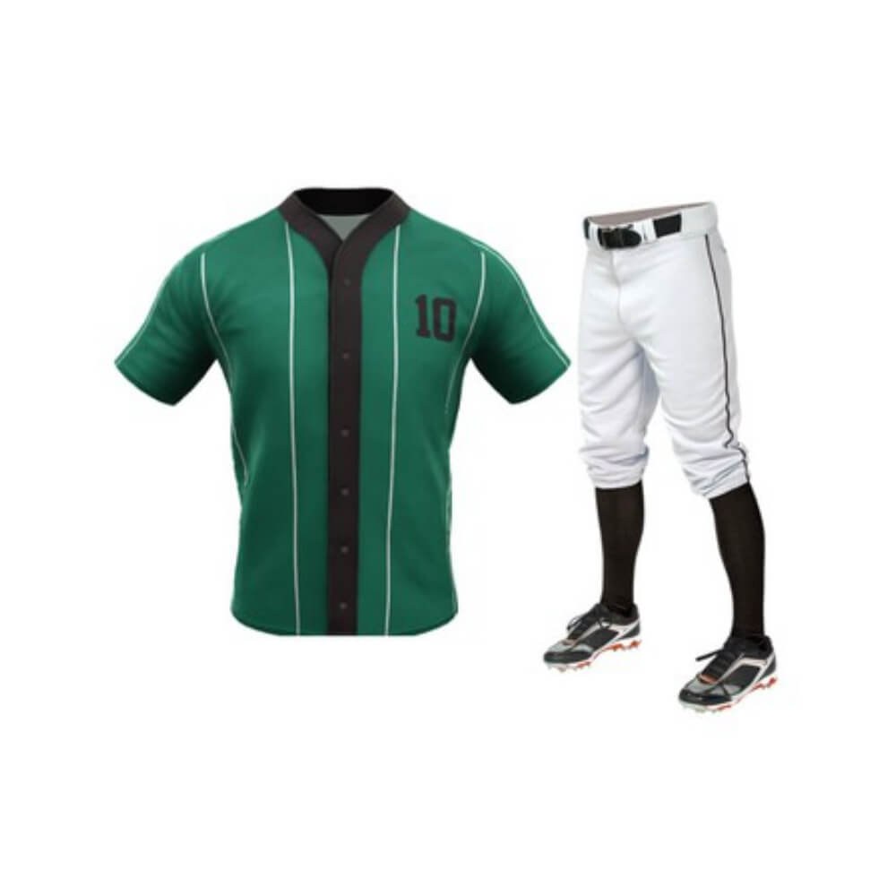 Premium Green Pinstripe Baseball Uniform Set - Button-Front Jersey - baseball uniforms manufactured by Gold Berg Enterprises, Sialkot Pakistan (wholesale / OEM)