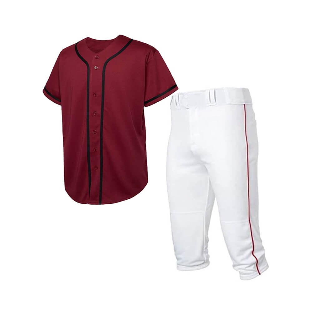 Premium Maroon Baseball Uniform Set - Button-Front Jersey & Knicker Pants - baseball uniforms manufactured by Gold Berg Enterprises, Sialkot Pakistan (wholesale / OEM)