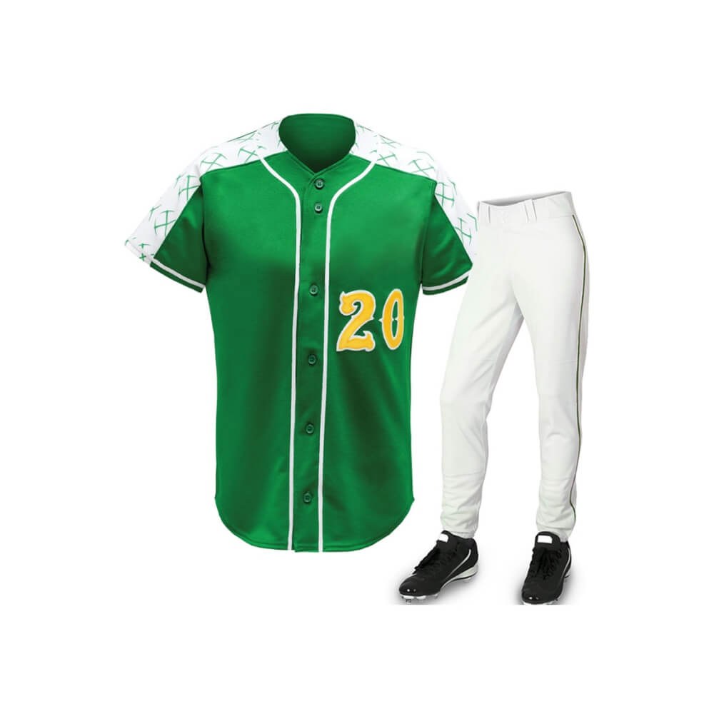 Premium Green Baseball Uniform Set - Button-Front Jersey & Knicker Pants - baseball uniforms manufactured by Gold Berg Enterprises, Sialkot Pakistan (wholesale / OEM)