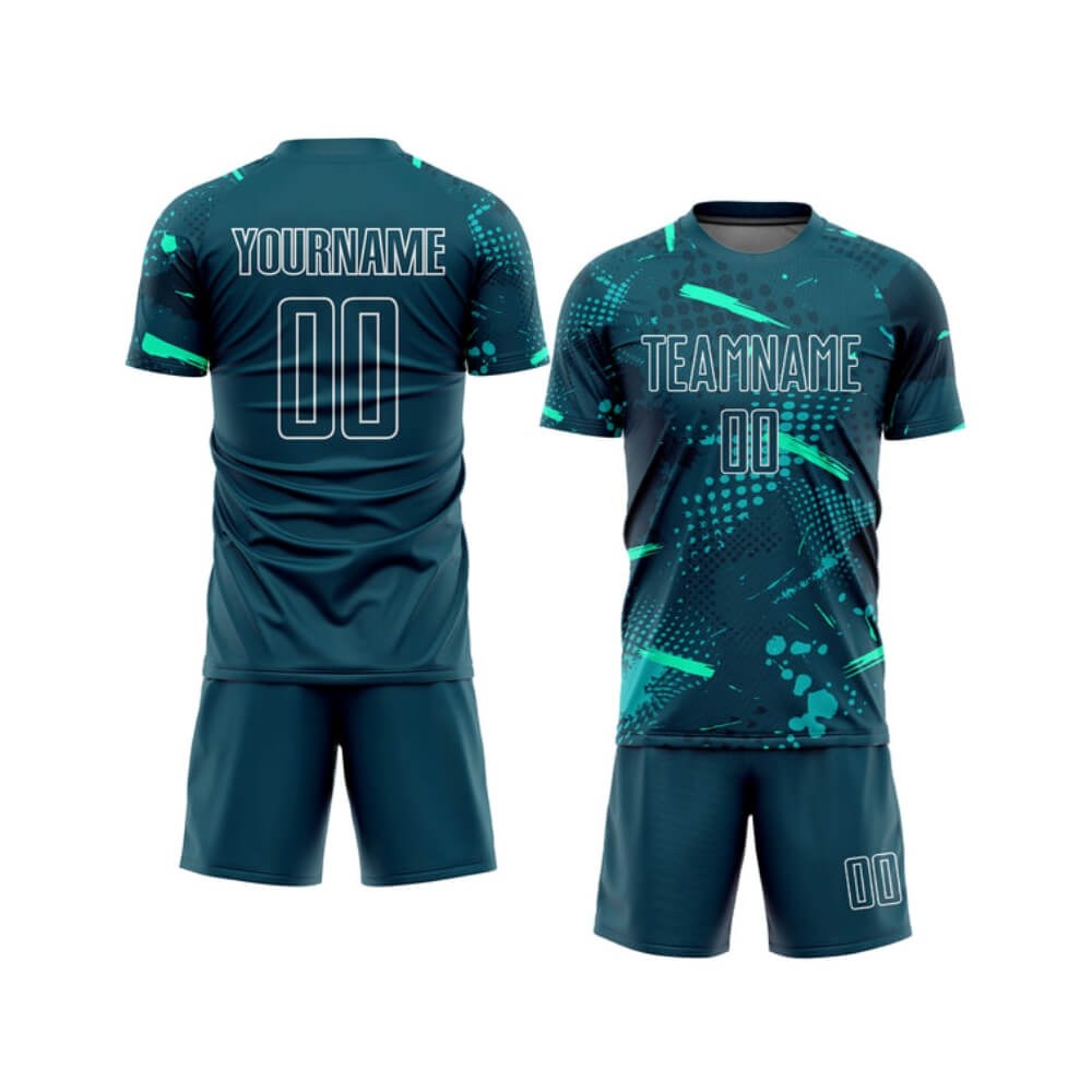 Custom Sublimation Teal Football Kit - Jersey & Shorts Team Set - sublimated teamwear manufactured by Gold Berg Enterprises, Sialkot Pakistan (wholesale / OEM)
