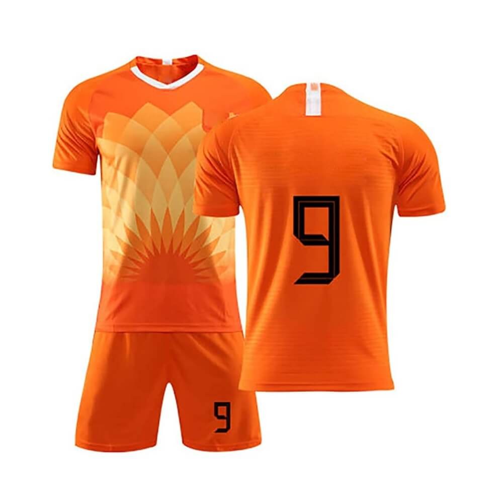 Custom Sublimation Orange Football Kit - Jersey & Shorts Team Set - sublimated teamwear manufactured by Gold Berg Enterprises, Sialkot Pakistan (wholesale / OEM)