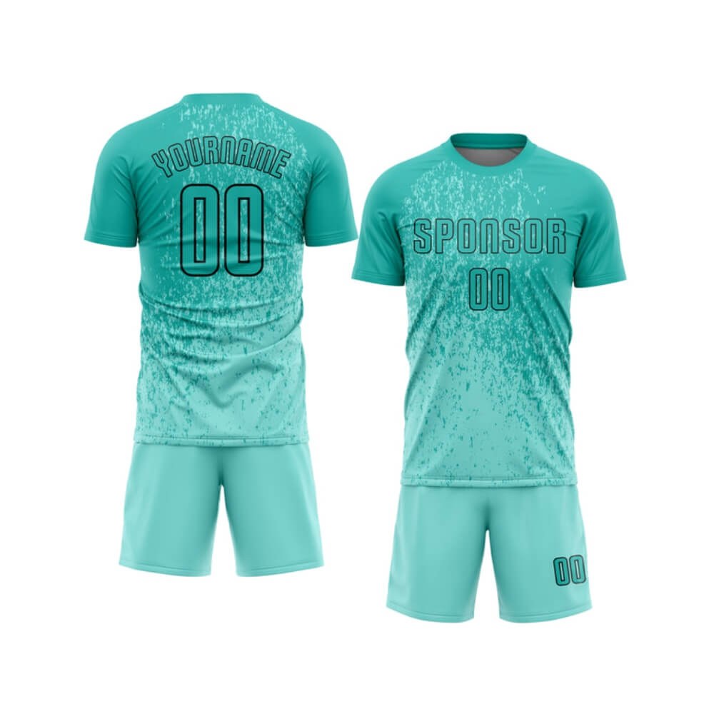 Custom Sublimation Teal Football Kit - Jersey & Shorts Team Set - sublimated teamwear manufactured by Gold Berg Enterprises, Sialkot Pakistan (wholesale / OEM)