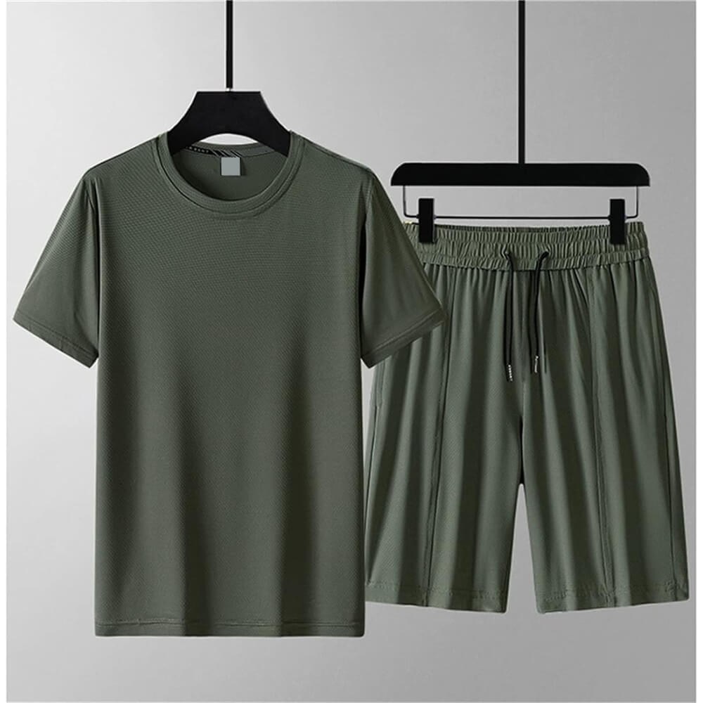 Premium Olive green Summer Tracksuit Set - T-Shirt & Shorts Two-Piece - t-shirts manufactured by Gold Berg Enterprises, Sialkot Pakistan (wholesale / OEM)