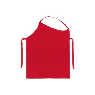 Red fabric bib work apron with neck strap and waist ties
