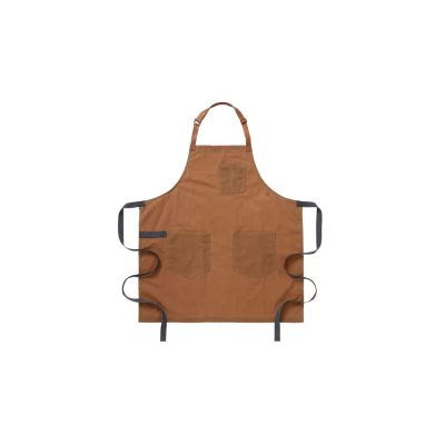 Brown waxed canvas bib apron with cross-back straps and front pockets