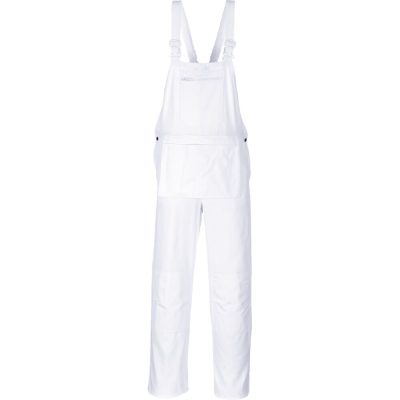 White bib and brace overalls with adjustable braces, chest pocket and knee reinforcement
