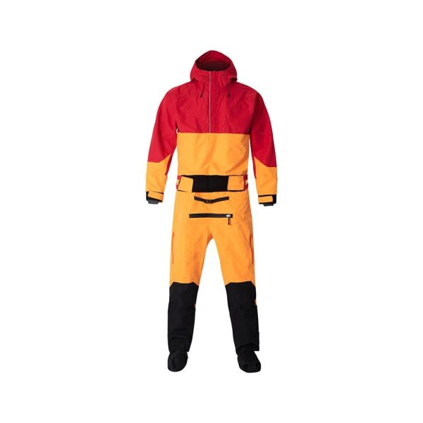 Full-body waterproof hooded protective suit in red, orange and black