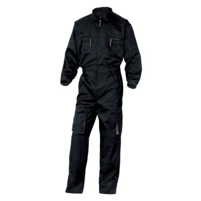 Black long-sleeve industrial work coverall with chest and leg pockets