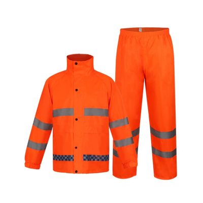 Orange hi-vis two-piece rain suit with reflective stripes