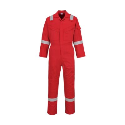 Red industrial safety coverall with reflective tape