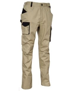 Khaki holster-pocket work trousers with black trim and articulated knees