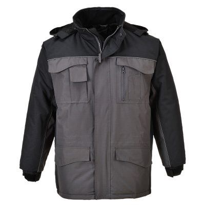 Grey and black insulated work jacket with detachable hood and reflective piping