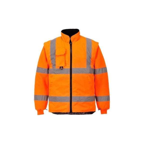 Hi-vis insulated work jacket with reflective tape and detachable sleeves