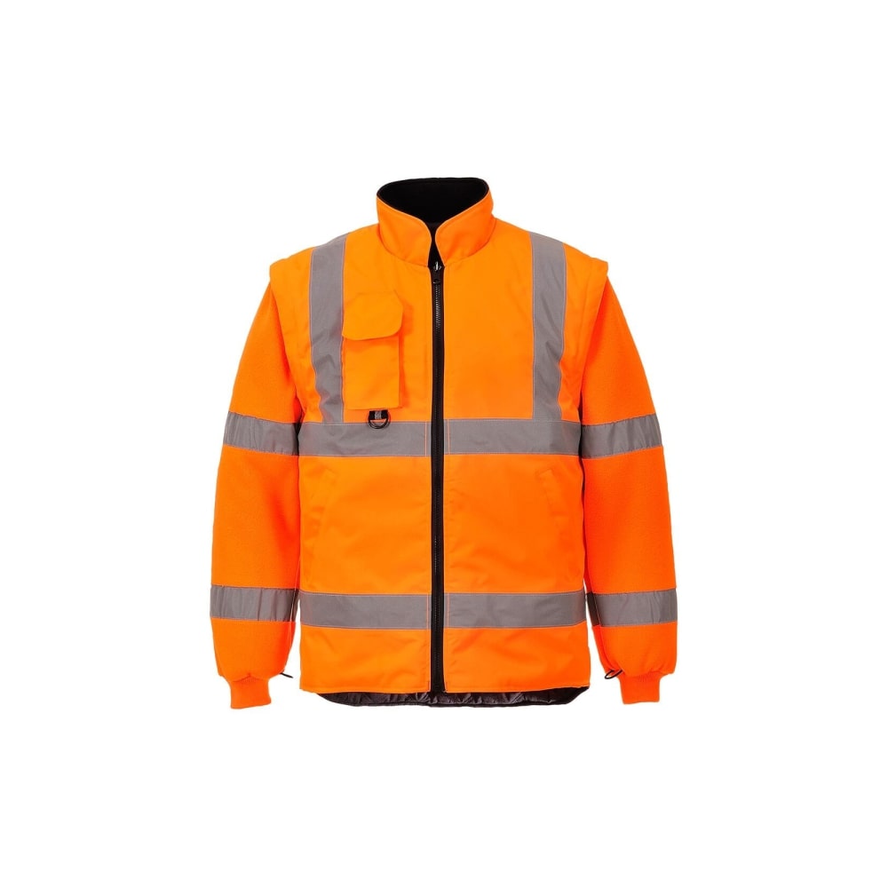 Hi-vis insulated work jacket with reflective tape and detachable sleeves