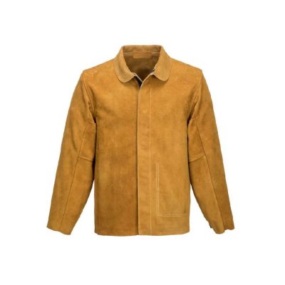 Tan split-cowhide welding jacket with concealed front snap placket
