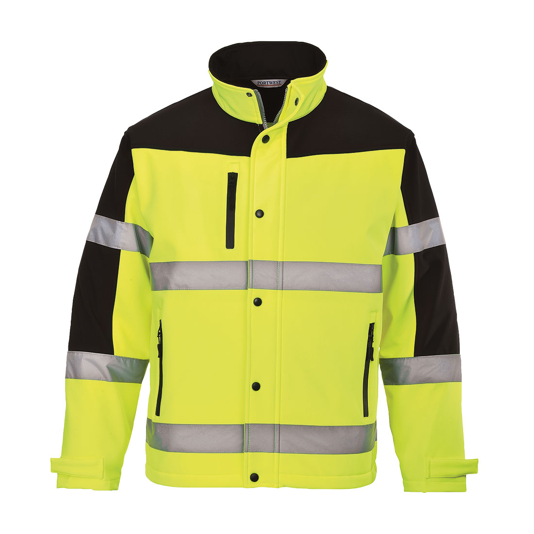 Hi-vis yellow softshell work jacket with reflective tape