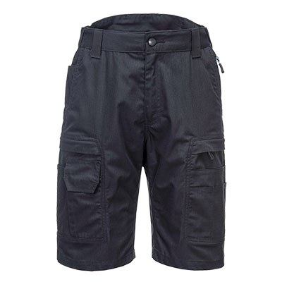 Black work shorts with utility hardware and D-ring